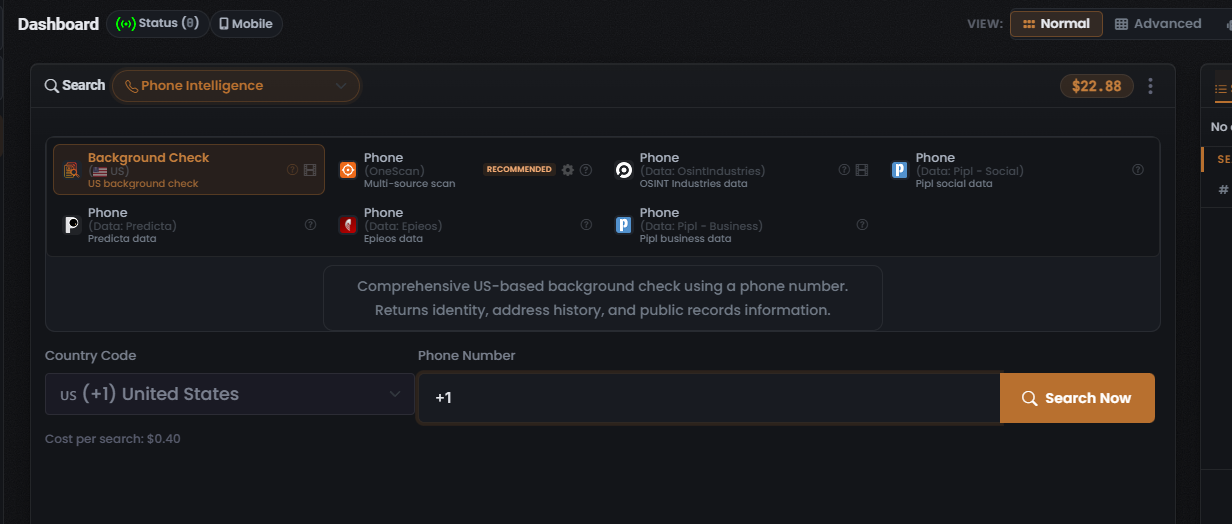 The UserSearch composer with the Phone Intelligence search type active and the Background Check (US) Module selected, showing the Country Code and Phone Number inputs and the Cost per search: $0.40 line