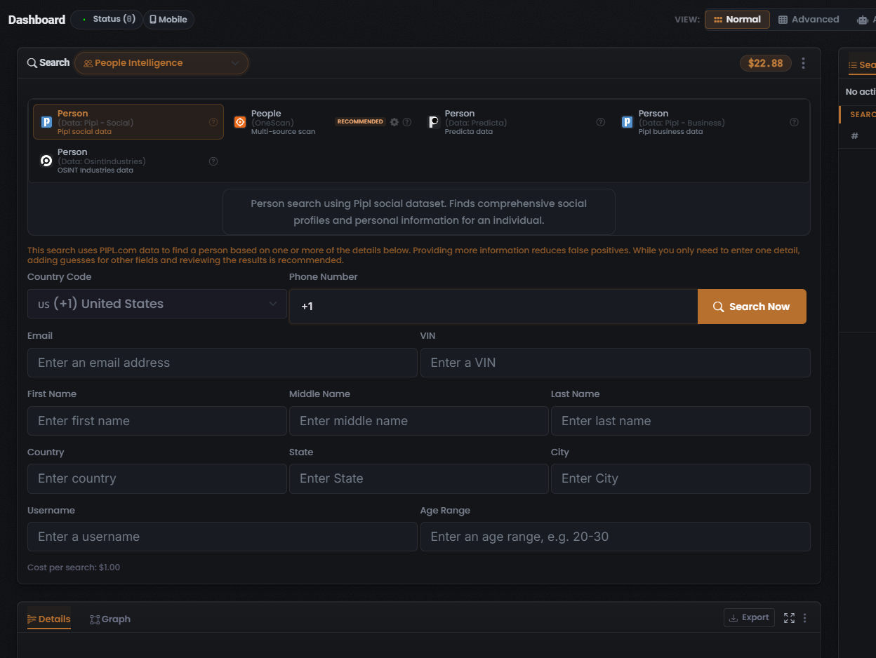 People Intelligence search type: the five Module tiles with Person (Data: Pipl - Social) selected, the description panel, and the multi-field person form above its Cost per search line