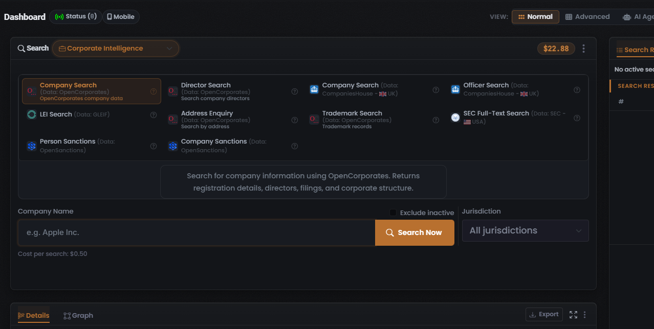 The Corporate Intelligence Module grid — ten tiles with Company Search (Data: OpenCorporates) selected (coral-orange border), its description panel, and a Cost per search: $0.50 line