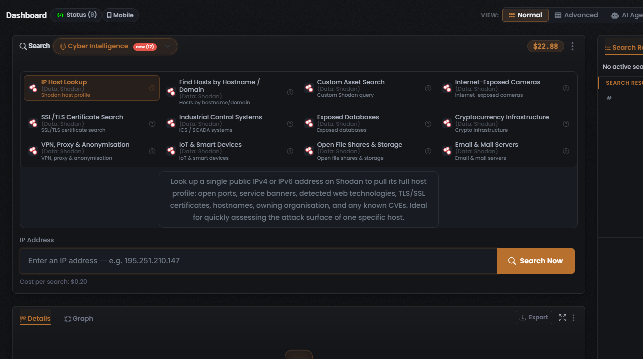 Cyber Intelligence Search type, Shodan-backed modules