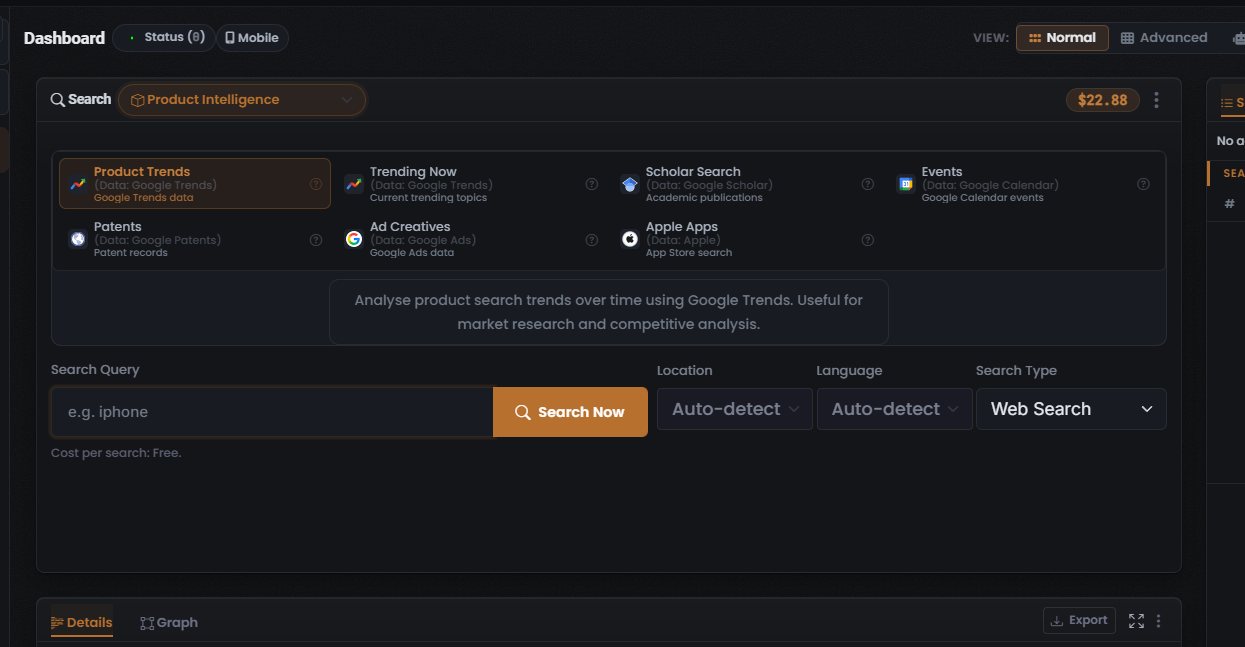 The Product Intelligence Module grid showing seven tiles — Product Trends (selected, coral-orange border), Trending Now, Scholar Search, Events, Patents, Ad Creatives and Apple Apps — each labelled with its data source