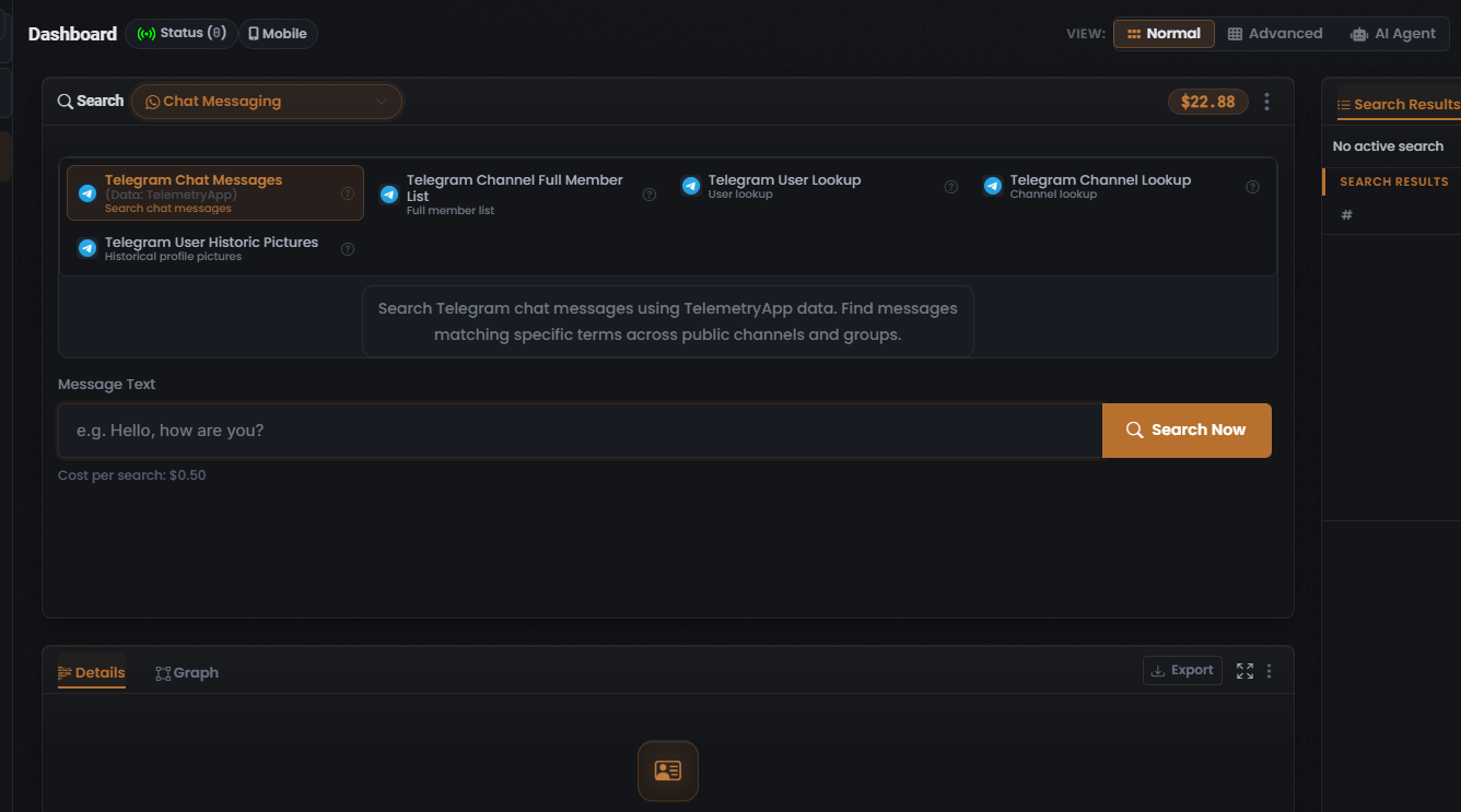 The UserSearch composer with the Chat Messaging search type active and the Telegram Chat Messages Module selected, showing the five Telegram Module tiles, the Message Text input, and a Cost per search line of $0.50