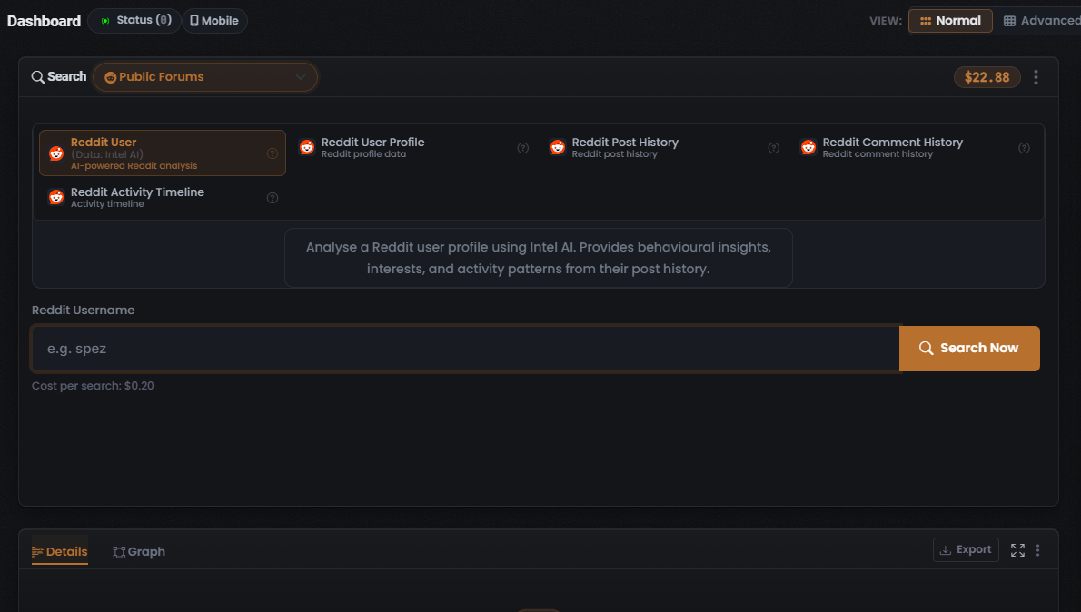 The UserSearch composer with the Public Forums search type active and the Reddit User Module selected, showing the five Reddit Module tiles, the Reddit username input, and the Cost per search line reading $0.20 over the empty Search Results panel