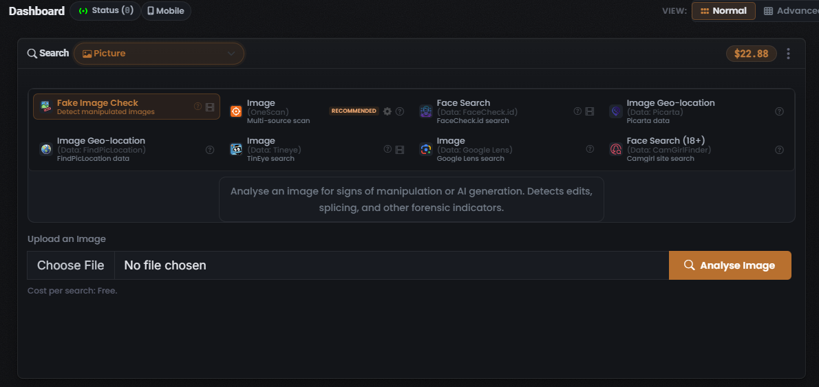 Images & faces search type: the eight Module tiles, the description panel, and the empty "Upload an Image" control