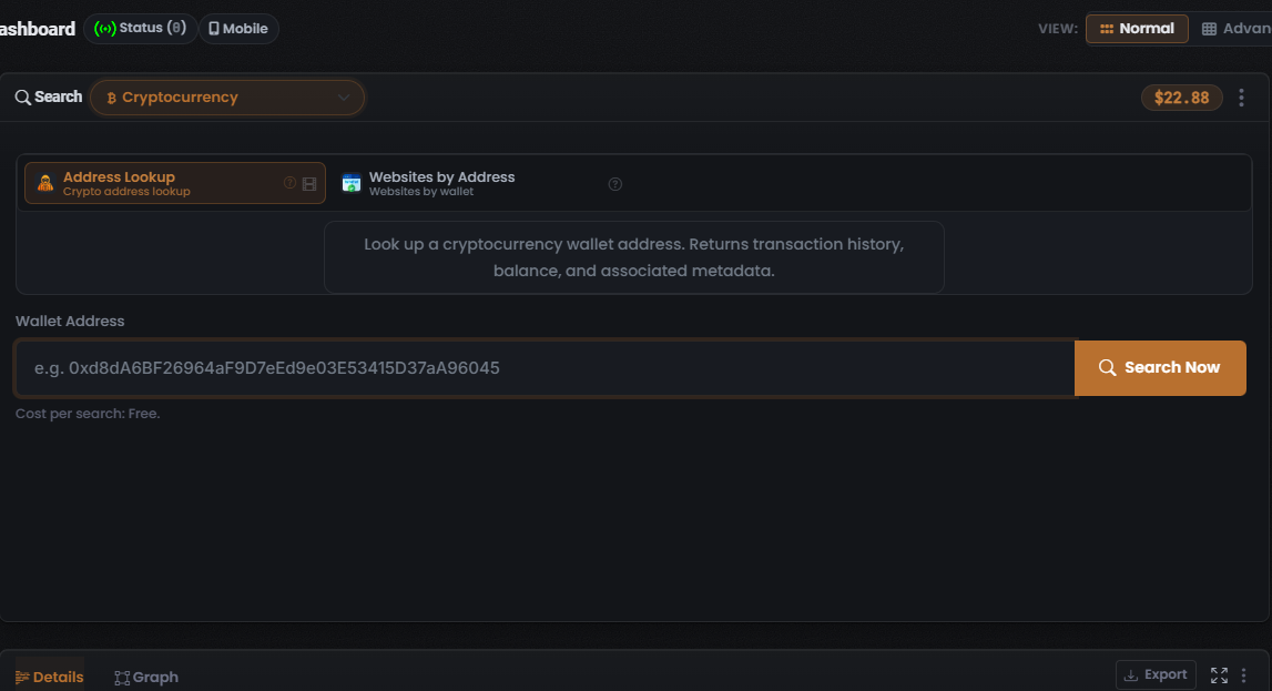 The Cryptocurrency Module grid showing the Address Lookup tile (selected, coral-orange border) and the Websites by Address tile