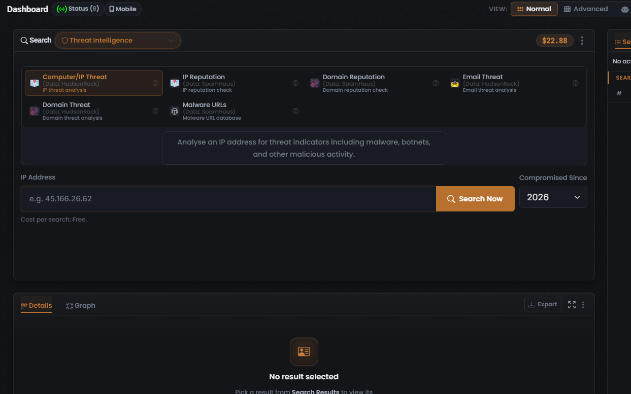 The Threat Intelligence Module grid showing the Computer/IP Threat tile selected with a coral-orange border, alongside the IP Reputation, Domain Reputation, Email Threat, Domain Threat and Malware URLs tiles