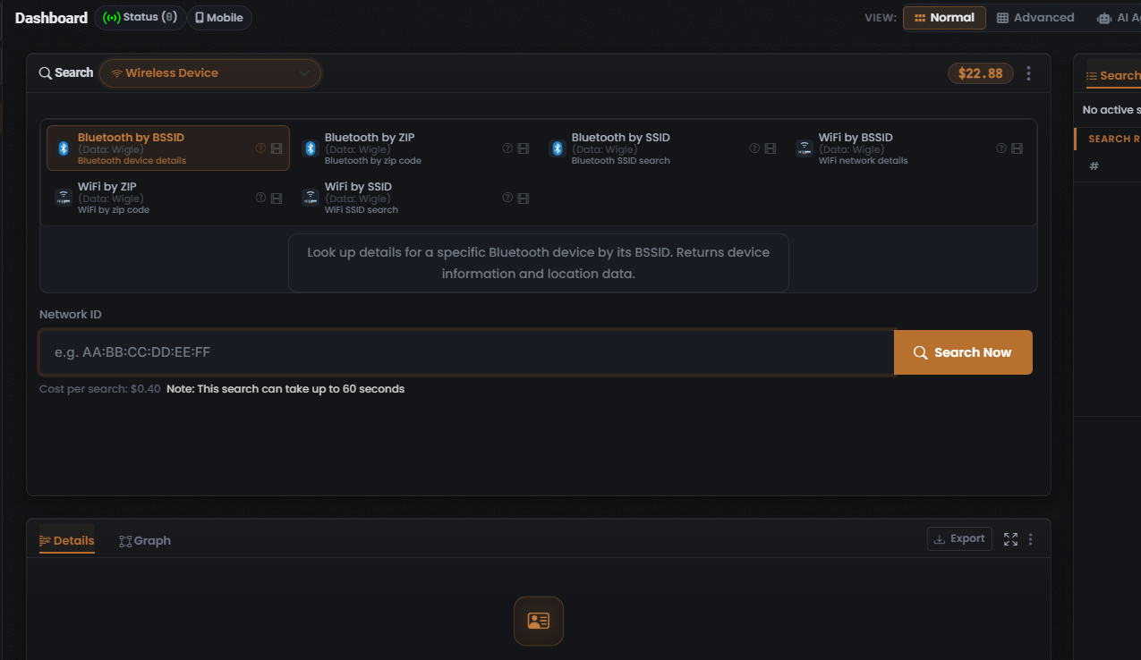 Wireless Device search type active in the composer, with Bluetooth by BSSID selected and the empty Search Results panel