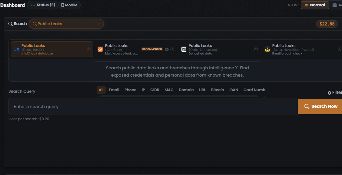 Public Leaks Module grid with OneScan card and the Cost per search line