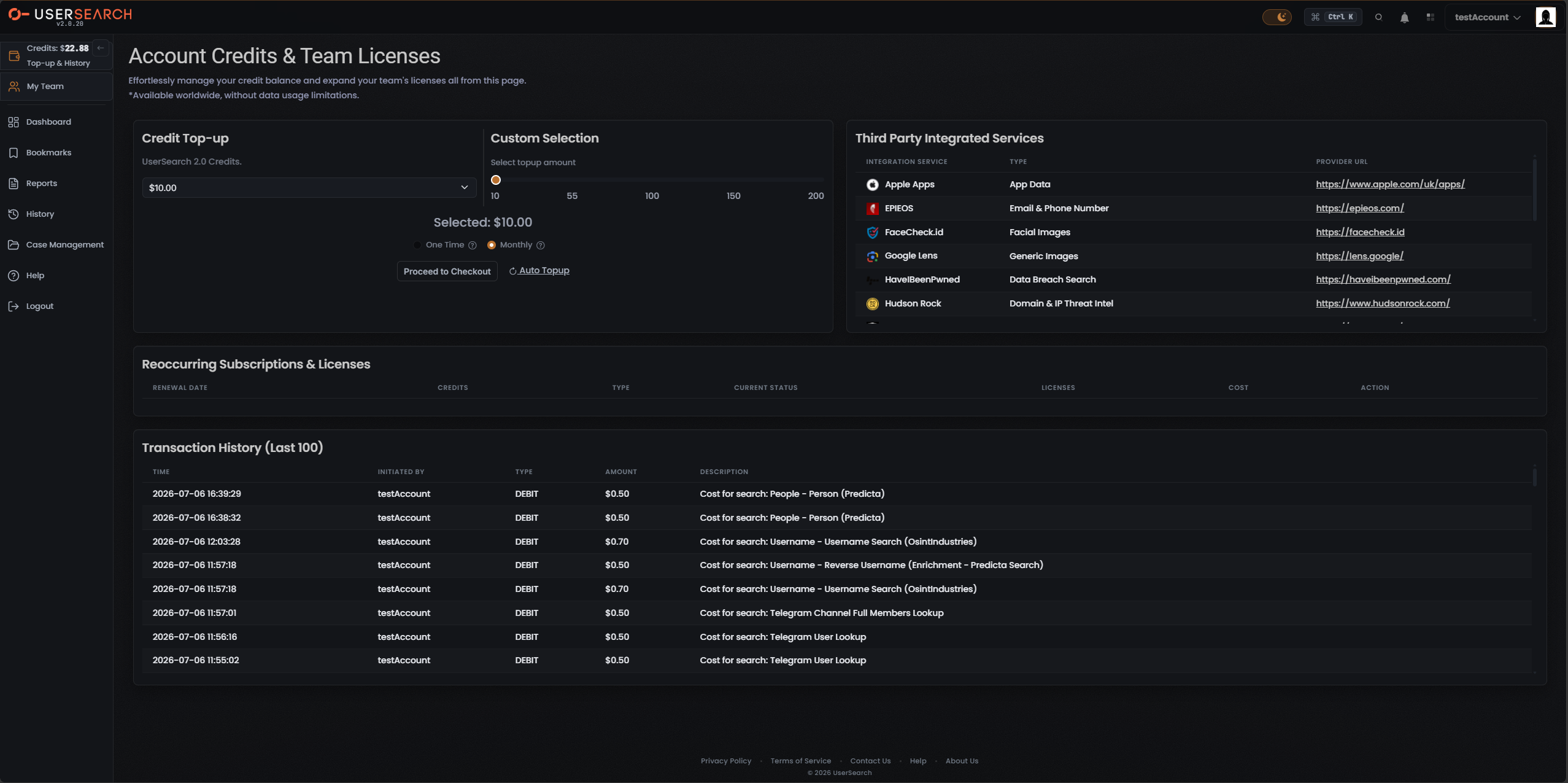 Account Credits & Team Licenses page, My Team active in left nav