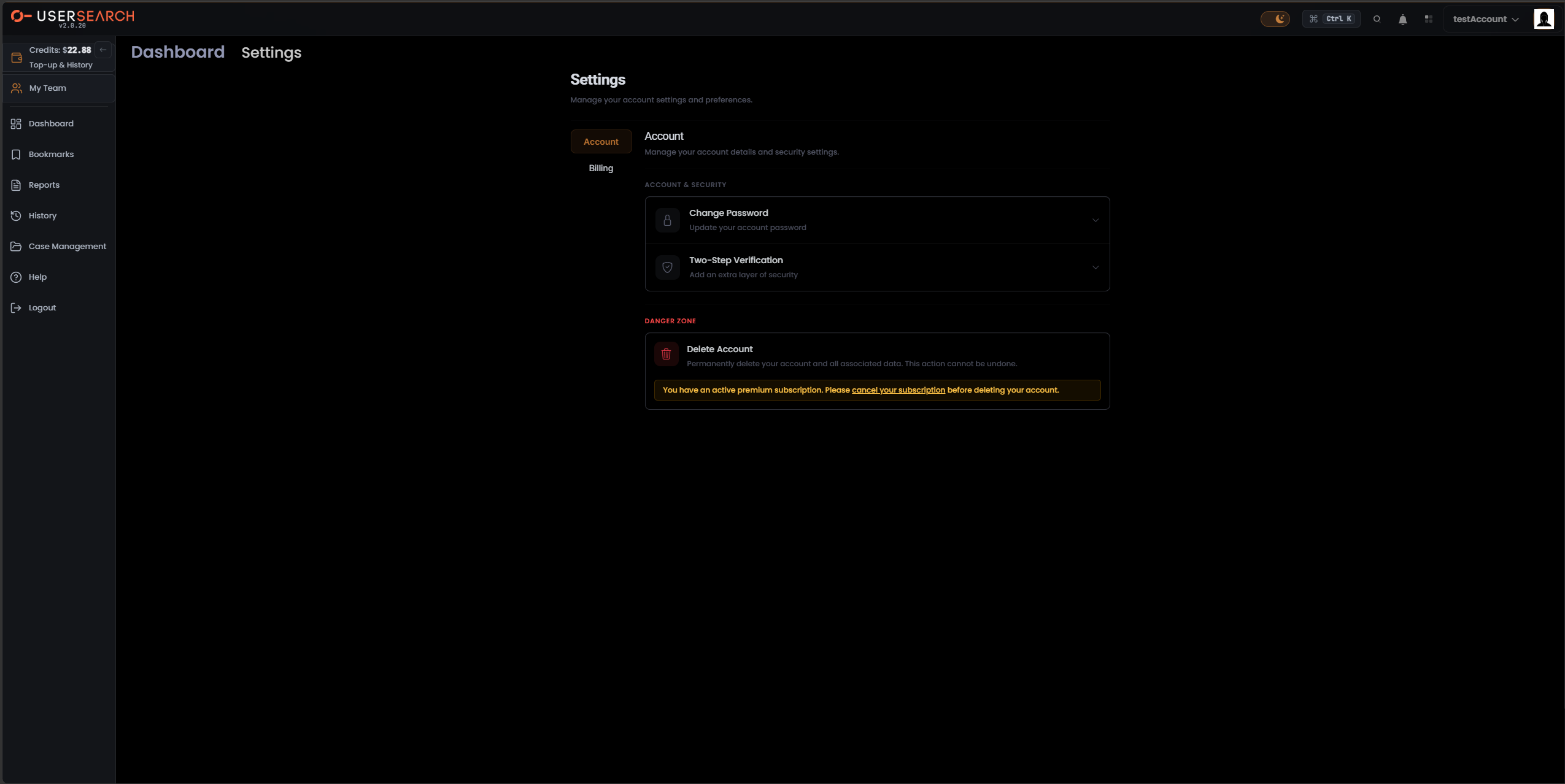 Settings, Account tab, Account & Security + Danger Zone
