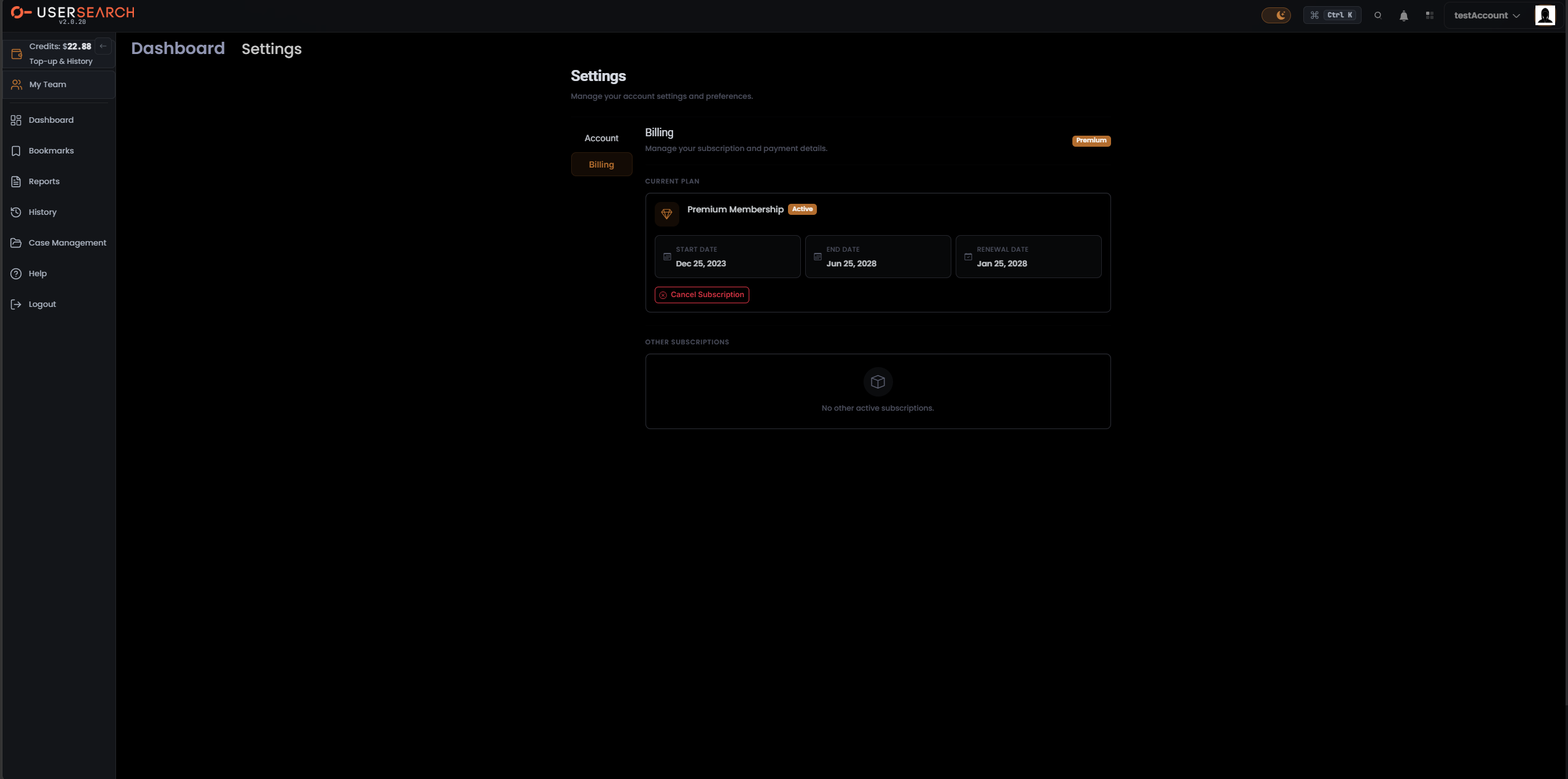 Settings, Billing tab, Premium Membership + Other Subscriptions