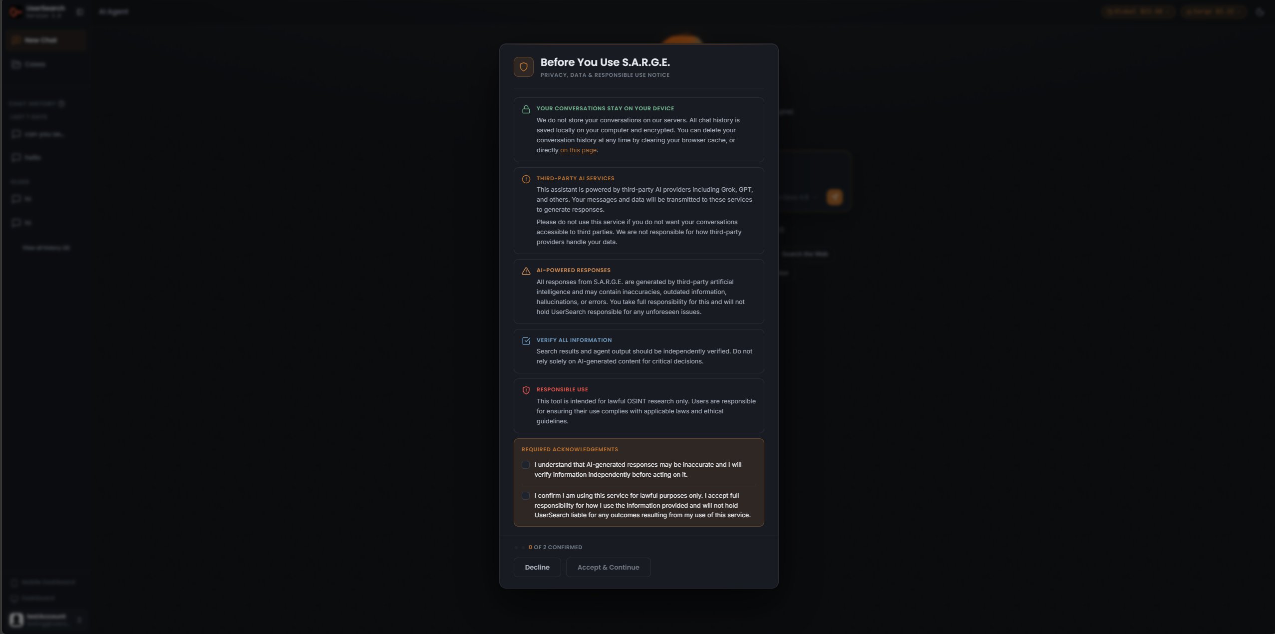 AI Agent, "Before You Use S.A.R.G.E." consent modal