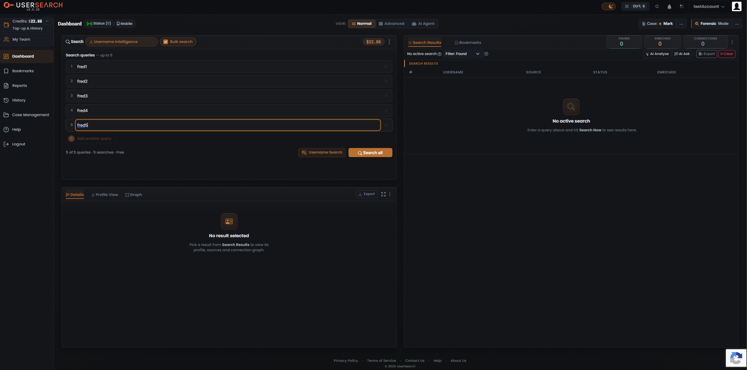Search composer, Bulk search toggle enabled, five queries entered, pre-search "No active search" state