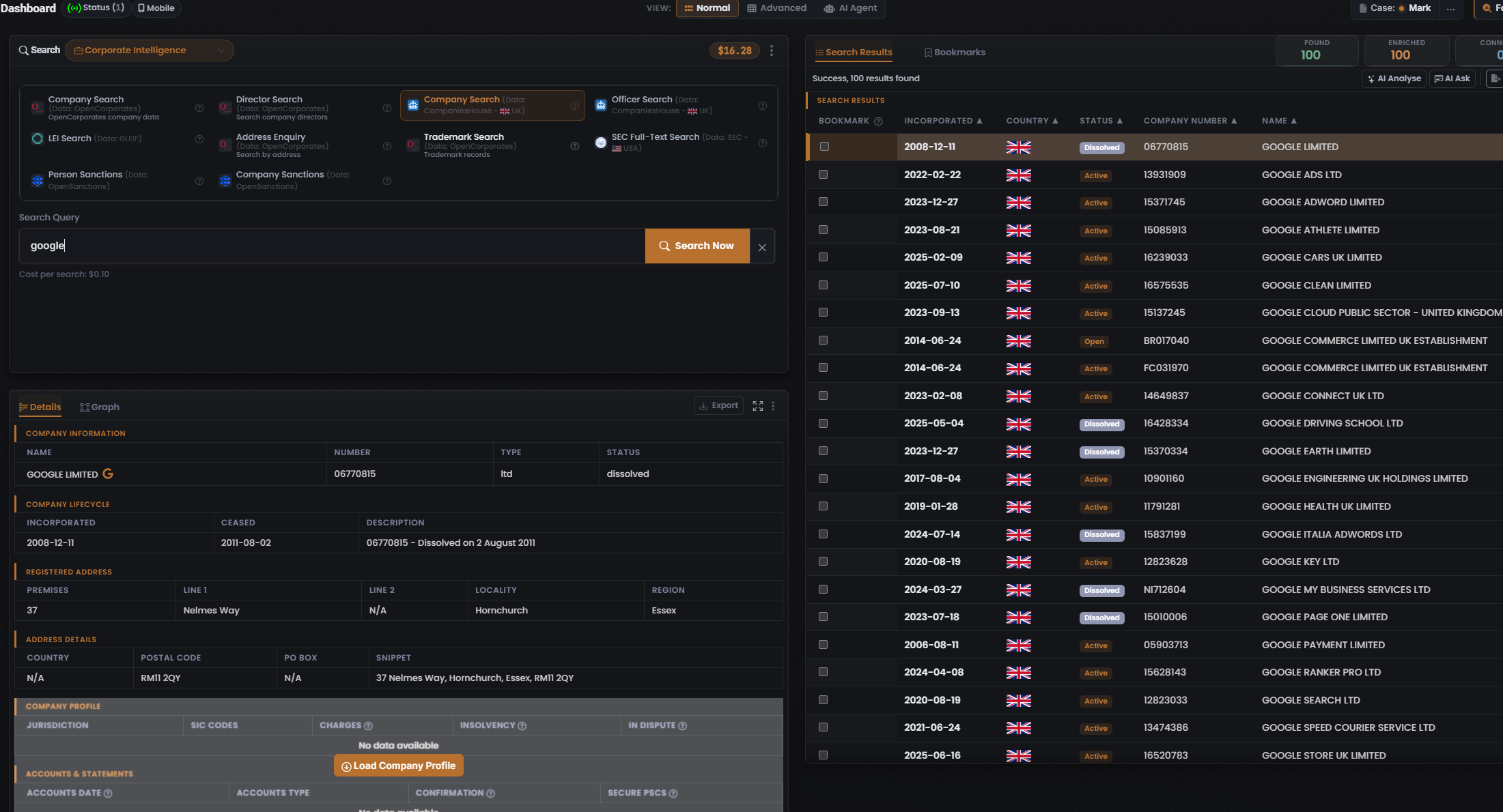 Populated Corporate Intelligence results for the Company Search (Data: CompaniesHouse - UK) Module — Found 100 / Enriched 100 counters, the results table with Bookmark, Incorporated, Country, Status, Company number and Name columns, and the Details panel for the selected GOOGLE LIMITED row