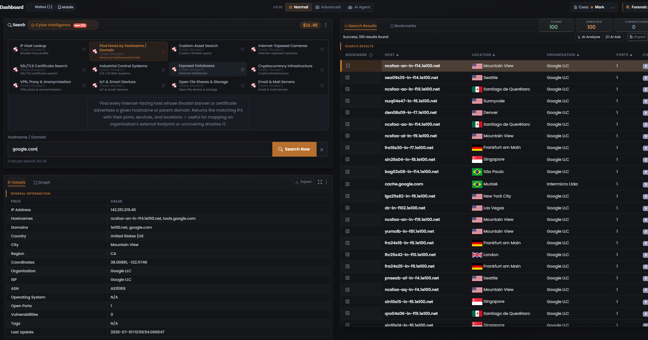 Populated Cyber Intelligence results for the Find Hosts by Hostname / Domain Module (Data: Shodan), query google.com — Found 100, Enriched 100, Connections 0, with the host results table and the Details panel showing General Information for a selected host