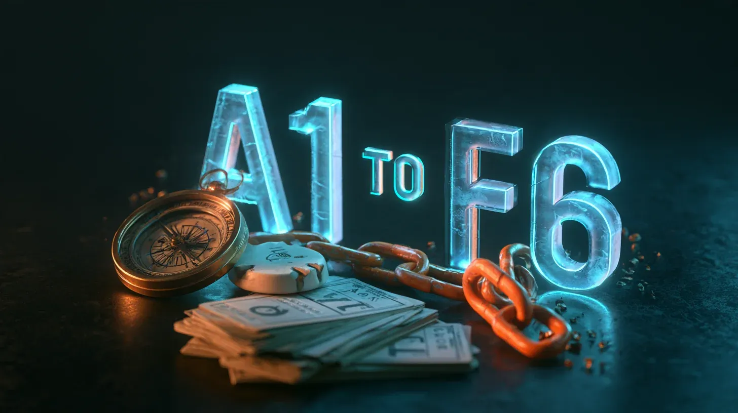 Admiralty Code OSINT source grading concept with glass letters reading A1 TO F6, compass, chain links and stacked cards