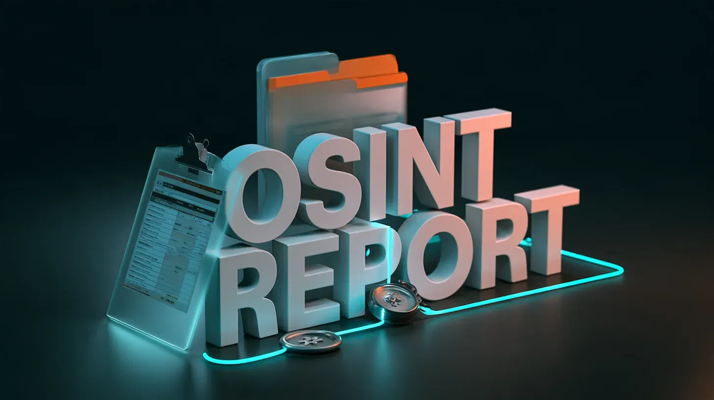 OSINT report template concept with 3D letters reading OSINT REPORT, clipboard, orange document folder and cyan line