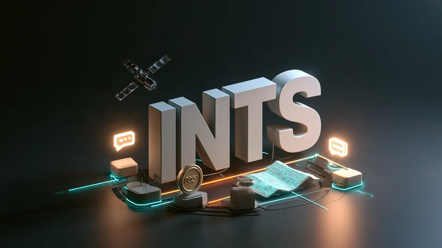 OSINT vs SOCMINT vs HUMINT concept with 3D letters reading INTS, satellite, chat bubbles, coin and map on glowing lines