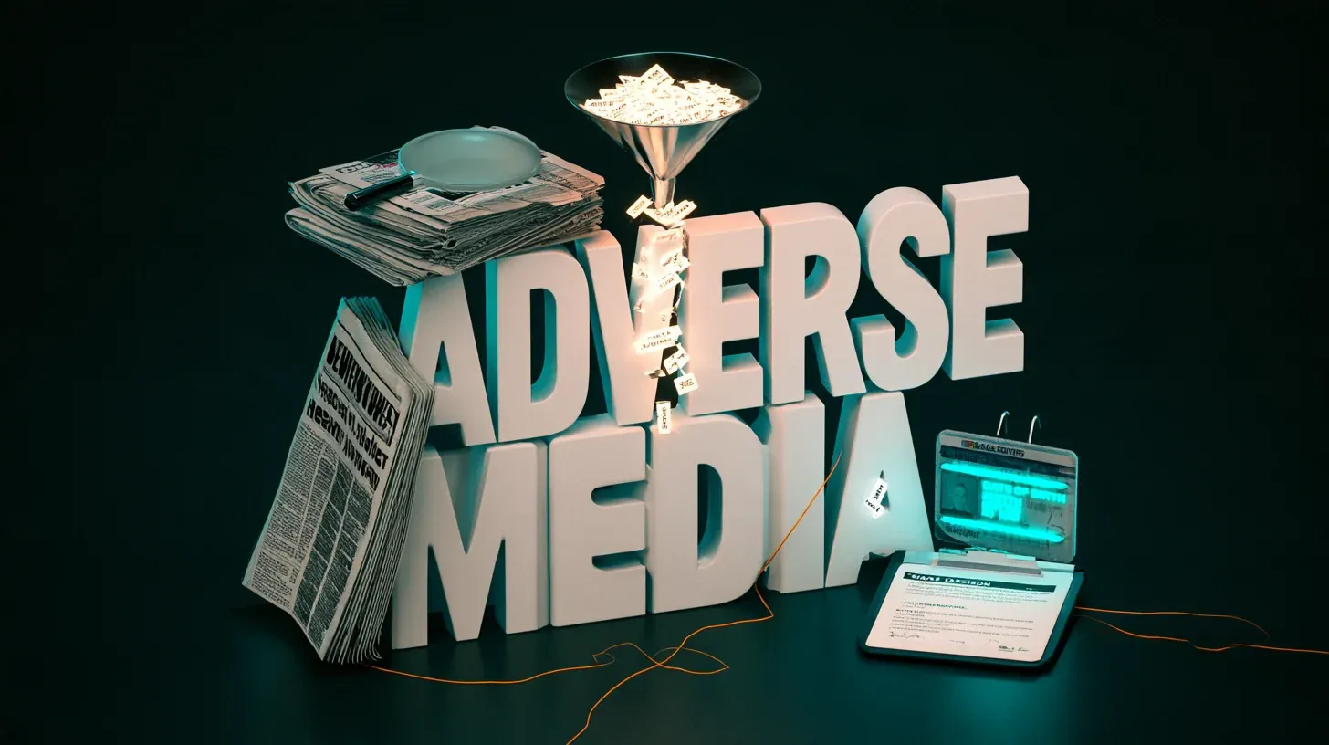 Adverse media screening concept with 3D letters reading ADVERSE MEDIA, newspapers, magnifying glass and a paper funnel