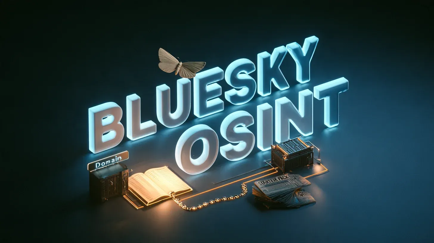 Bluesky OSINT concept with letters reading BLUESKY OSINT, butterfly, Domain server, open book and starter pack cards