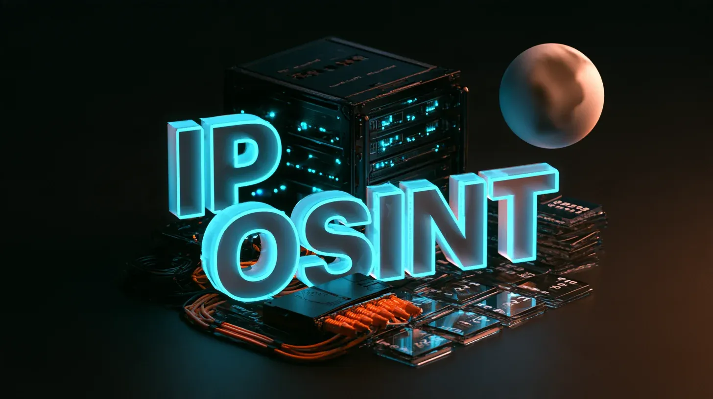 IP address OSINT concept with glowing letters reading IP OSINT, server rack, orange network cables and a small planet