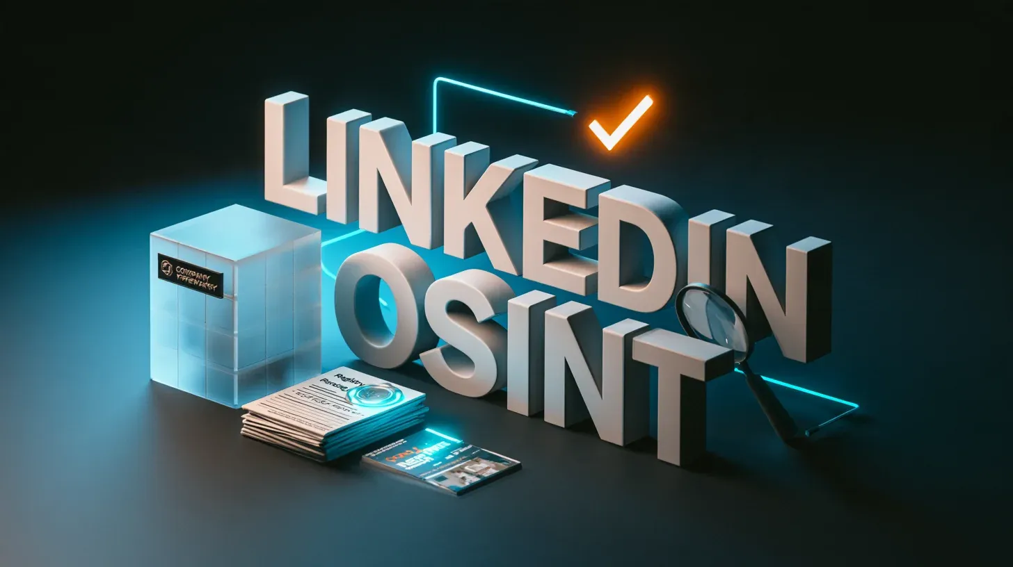 LinkedIn OSINT concept with 3D letters reading LINKEDIN OSINT, glass company block, stacked papers and magnifying glass