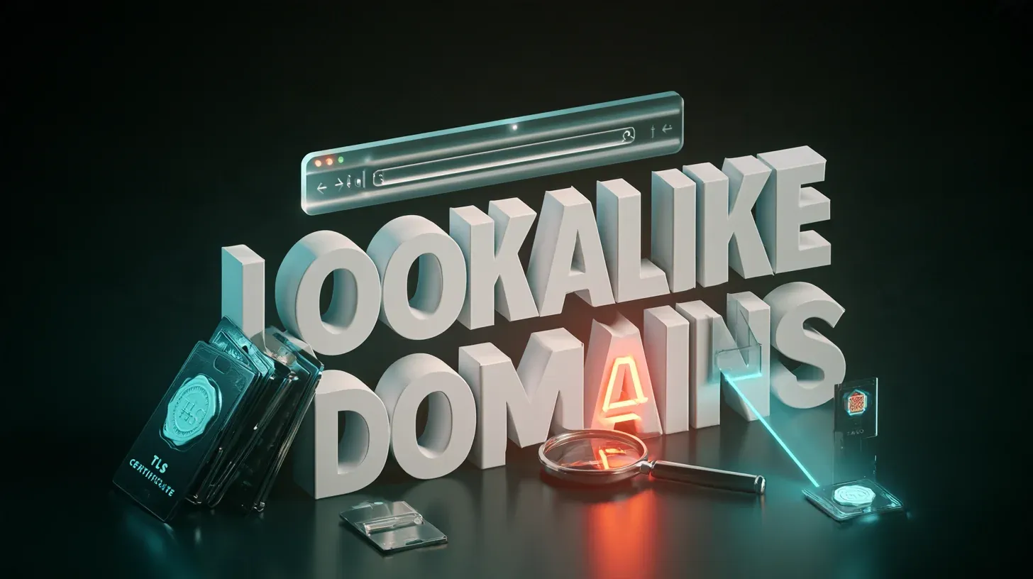 Brand abuse domain research concept with 3D letters reading LOOKALIKE DOMAINS, browser bar and TLS certificates