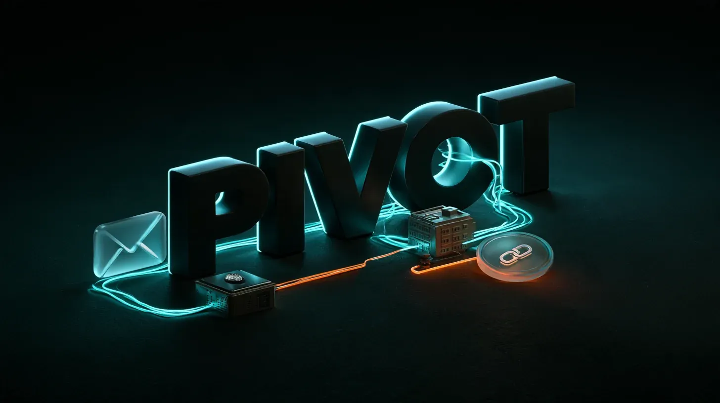 OSINT pivoting concept with 3D letters reading PIVOT linked by glowing cables to an envelope, building and link icon