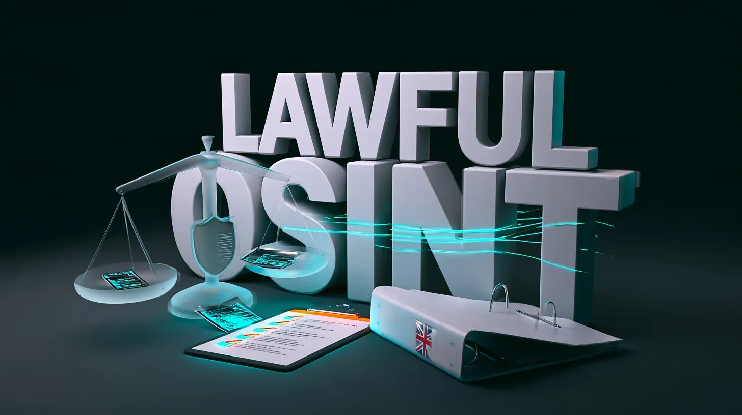 Lawful OSINT in the UK concept with 3D letters reading LAWFUL OSINT, balance scales, checklist and Union Jack binder