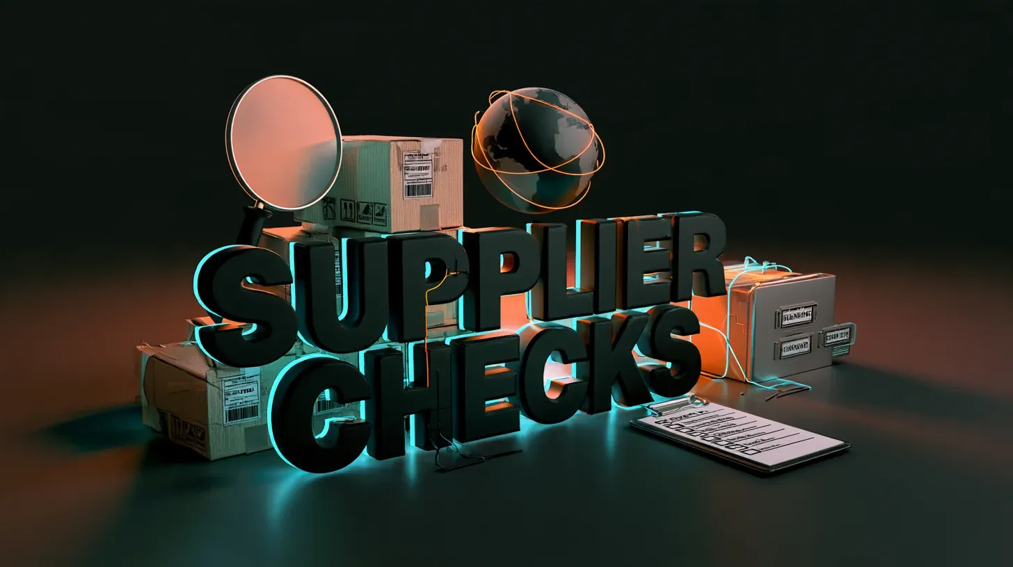 Vendor due diligence OSINT concept with 3D letters reading SUPPLIER CHECKS, magnifying glass, globe, boxes and clipboard