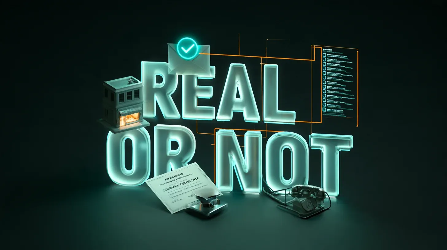 Company verification concept with glowing letters reading REAL OR NOT, shopfront, company certificate and checklist