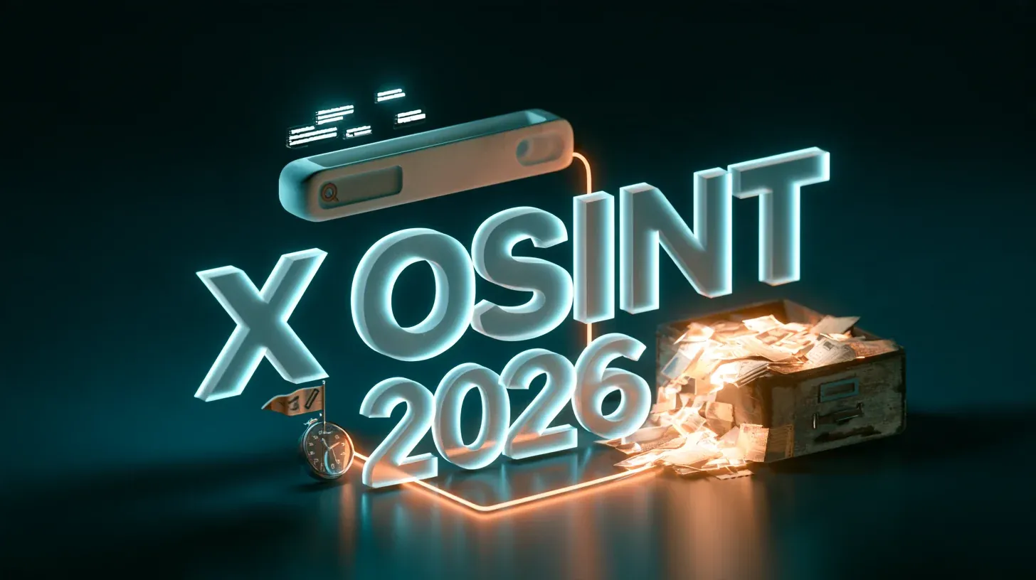 X Twitter OSINT 2026 concept with glowing letters reading X OSINT 2026, search bar, stopwatch and full file drawer