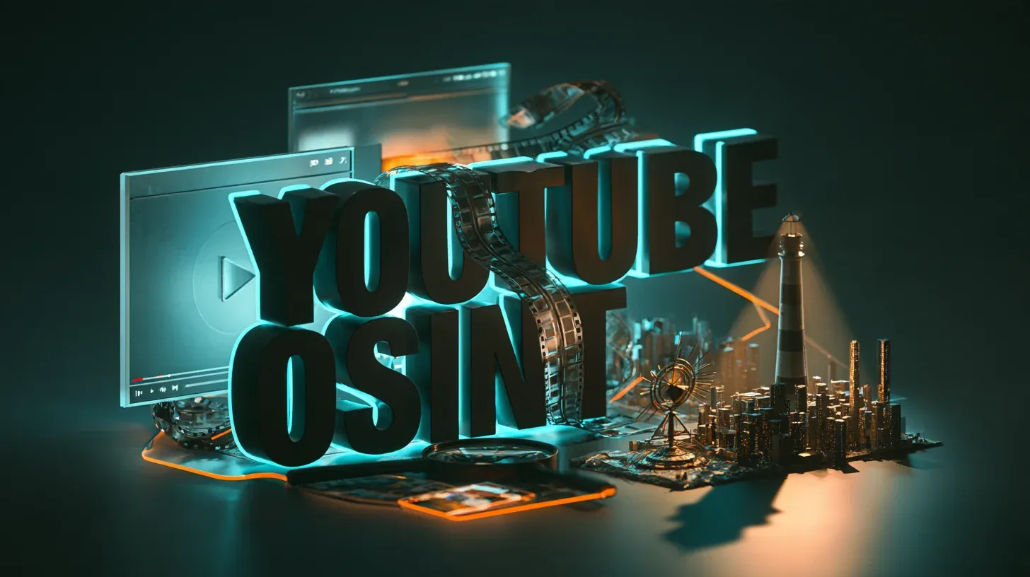 YouTube OSINT concept with 3D letters reading YOUTUBE OSINT, video player windows, film strip, lighthouse and city model